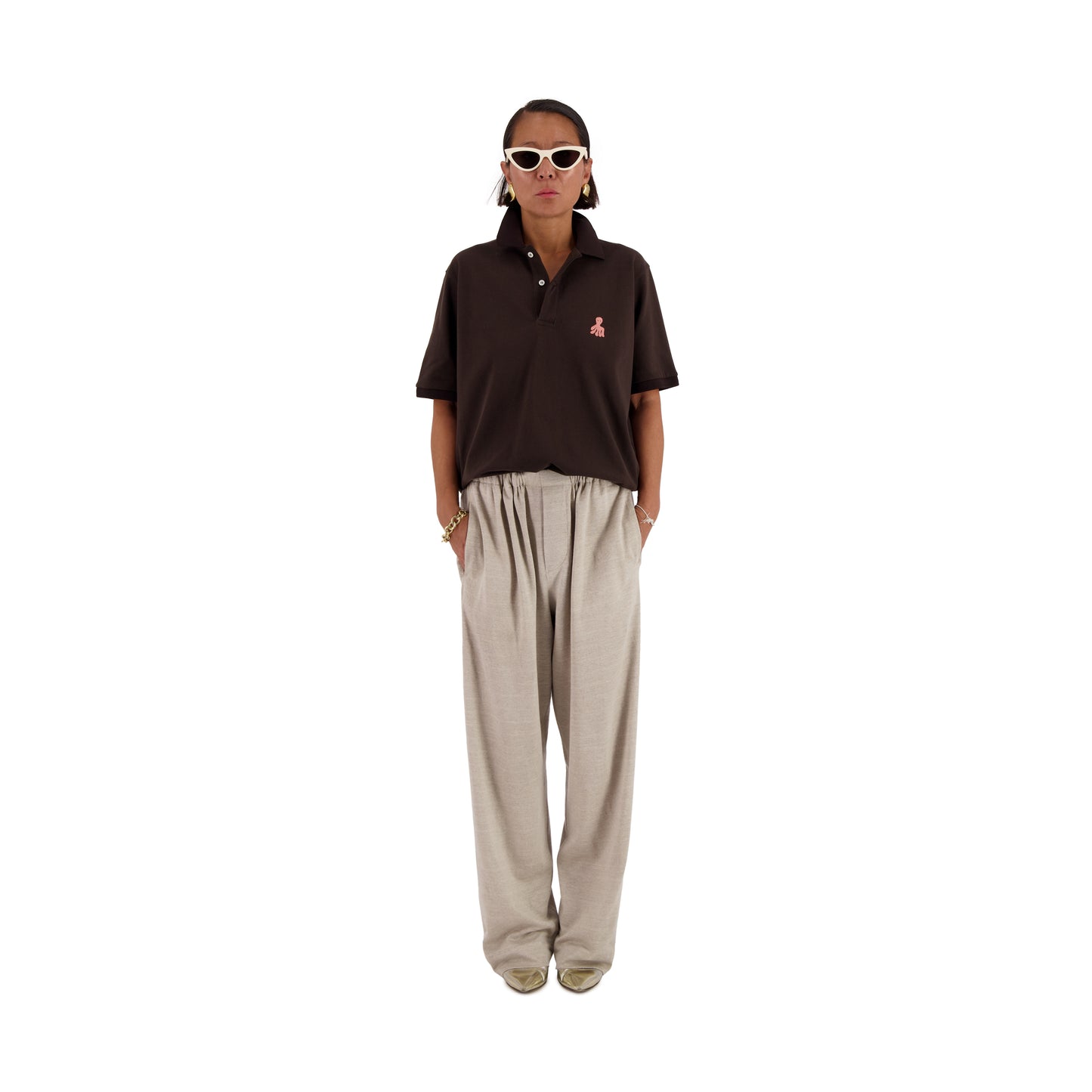 Frank Ss Octopus Embroidery Jersey Cotton Piquet Polo Dark Chocolate Brown