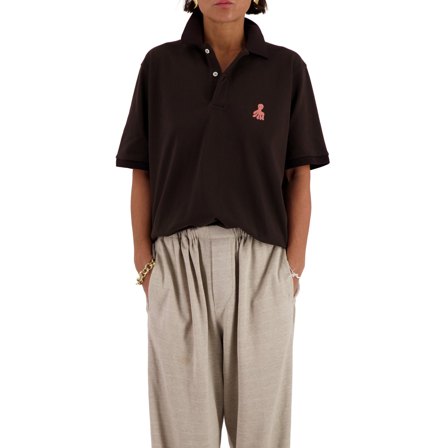 Frank Ss Octopus Embroidery Jersey Cotton Piquet Polo Dark Chocolate Brown