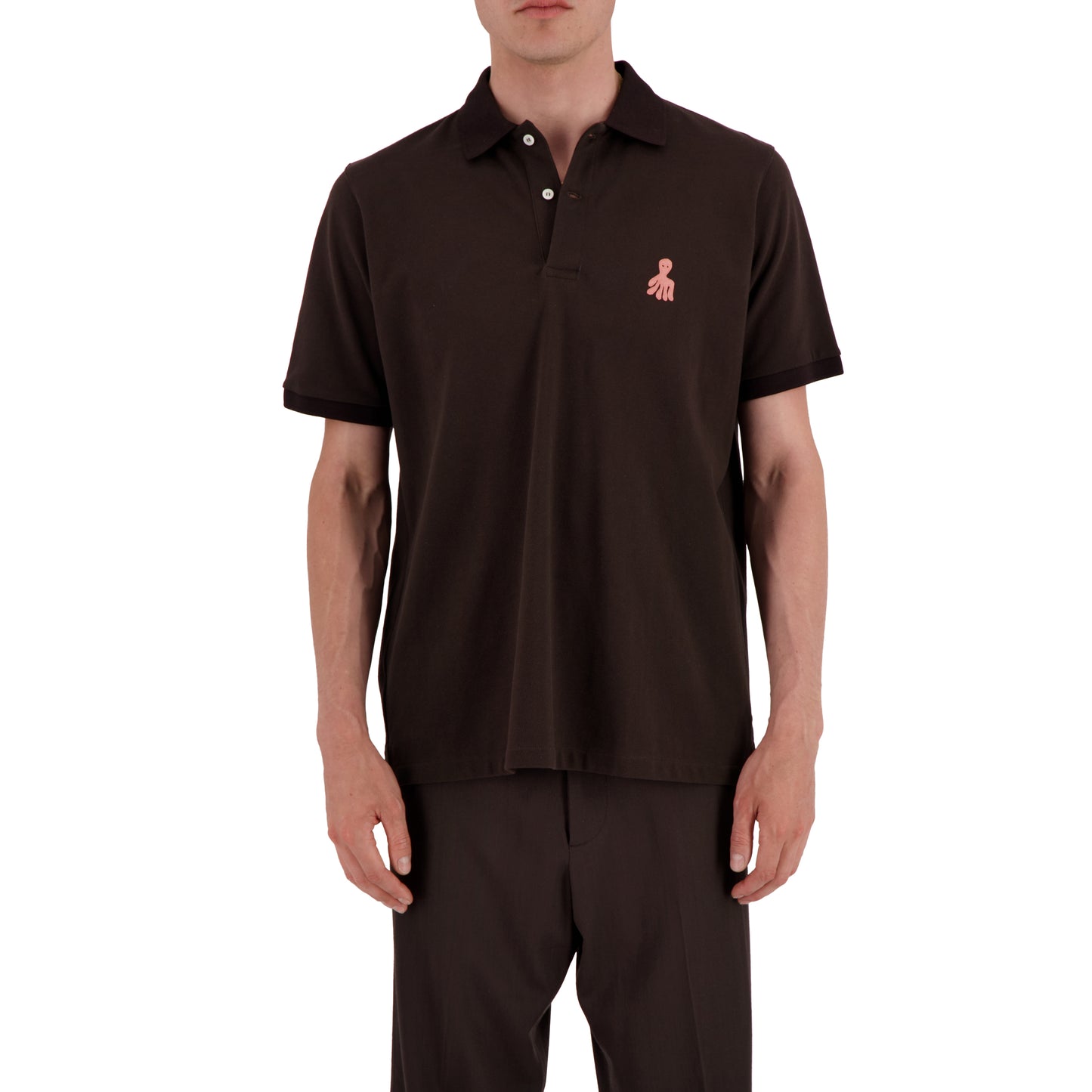 Frank Ss Octopus Embroidery Jersey Cotton Piquet Polo Dark Chocolate Brown