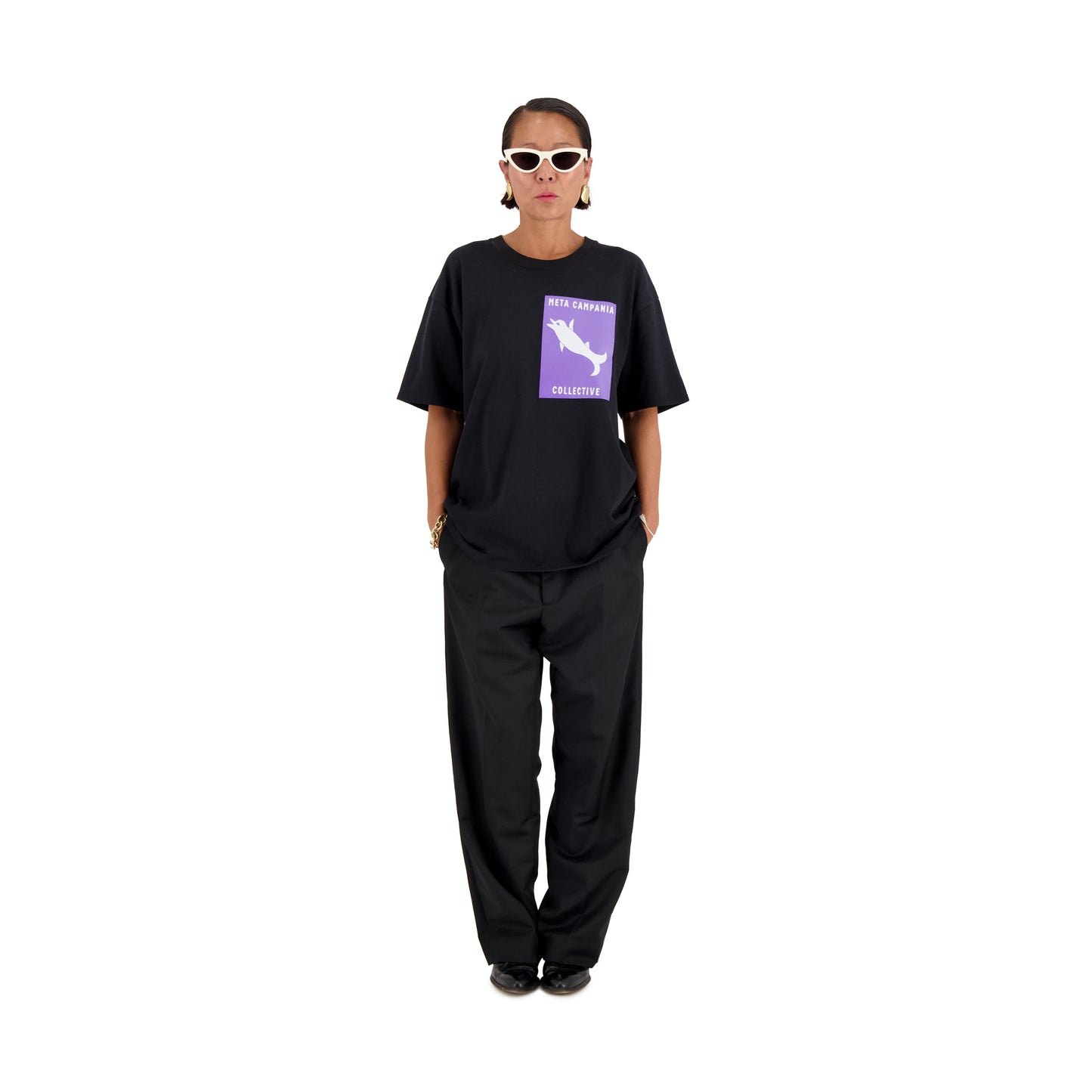 Nat Jersey Dolphin Postcard Print Cotton Surfer T Shirt Black