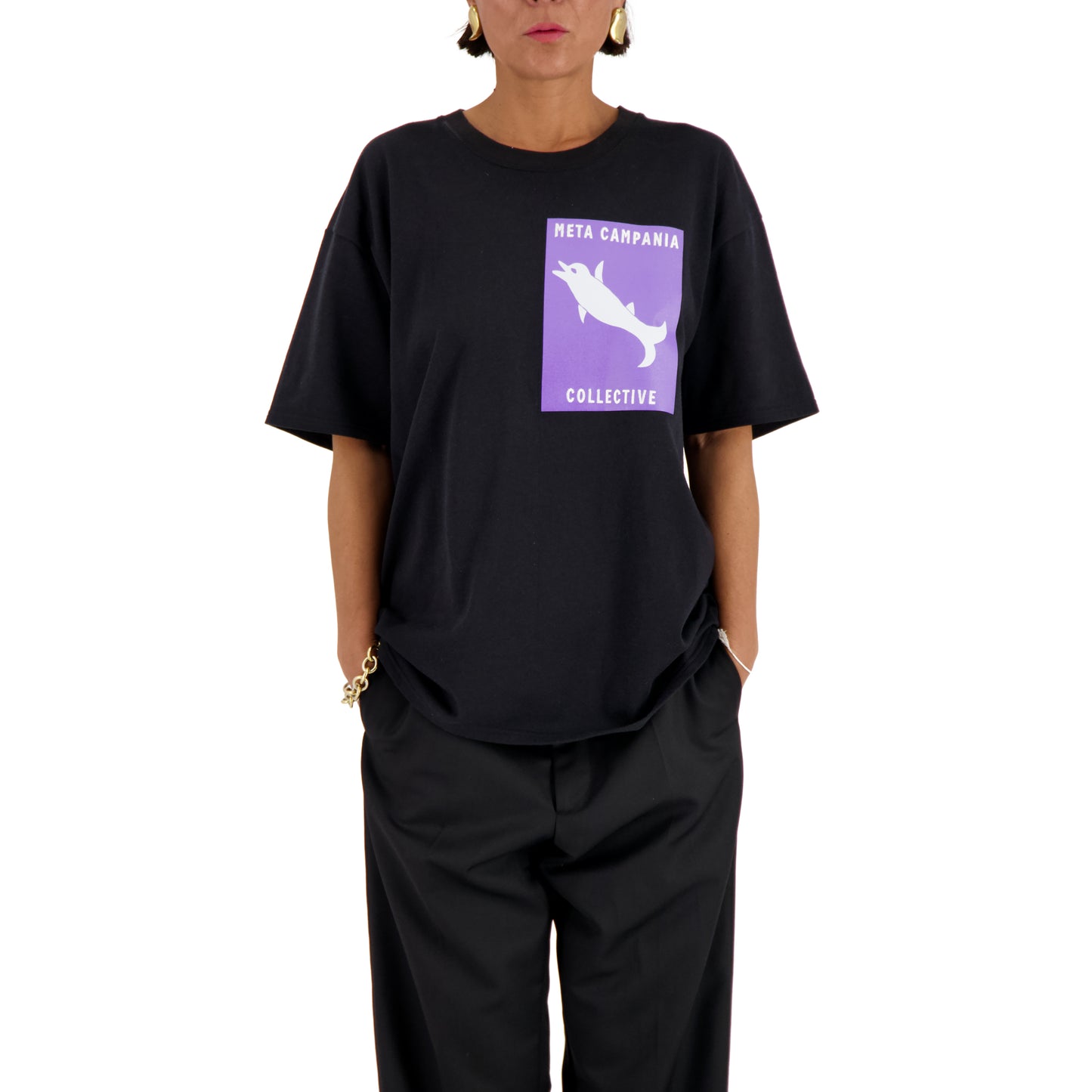 Nat Jersey Dolphin Postcard Print Cotton Surfer T Shirt Black