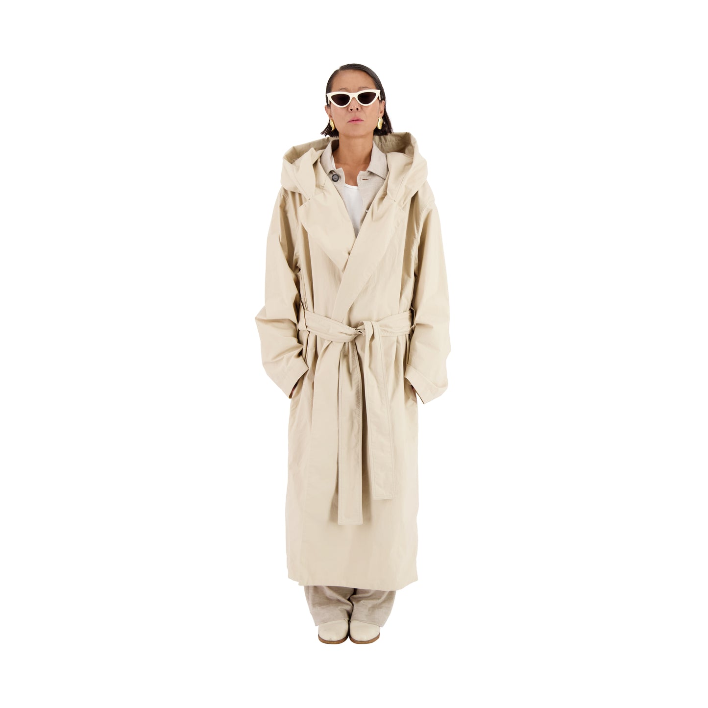 Cal Cotton Wrap Hooded Coat Light Beige