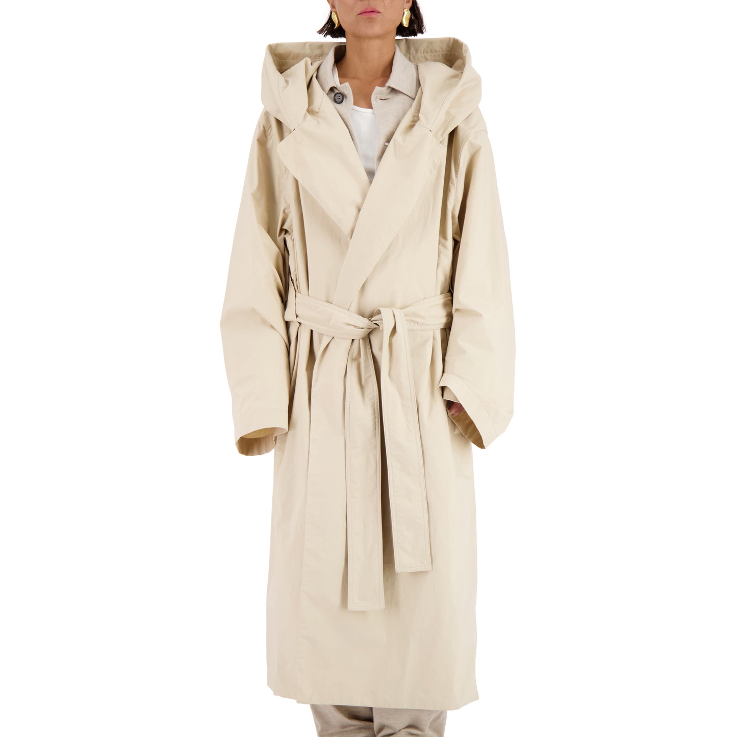 Cal Cotton Wrap Hooded Coat Light Beige