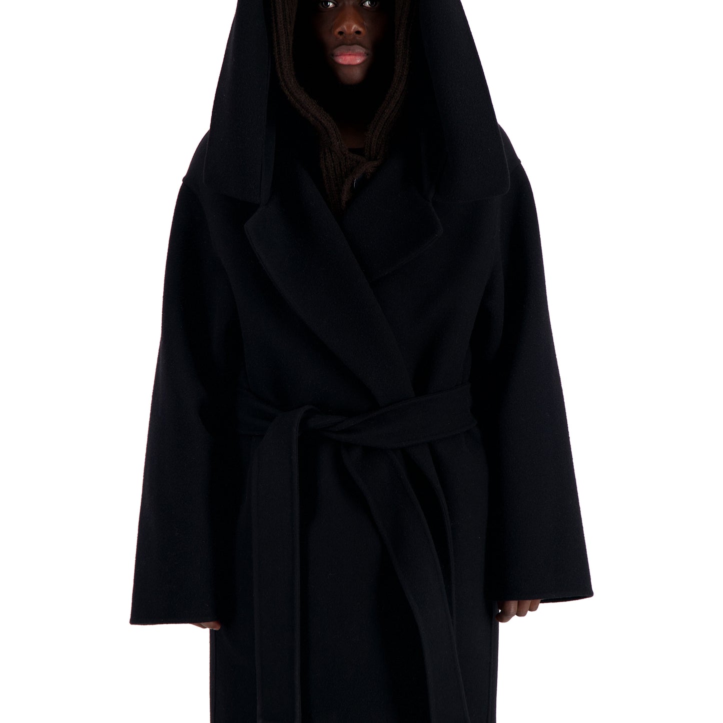 Cal Boiled Wool Wrap Hooded Coat Black