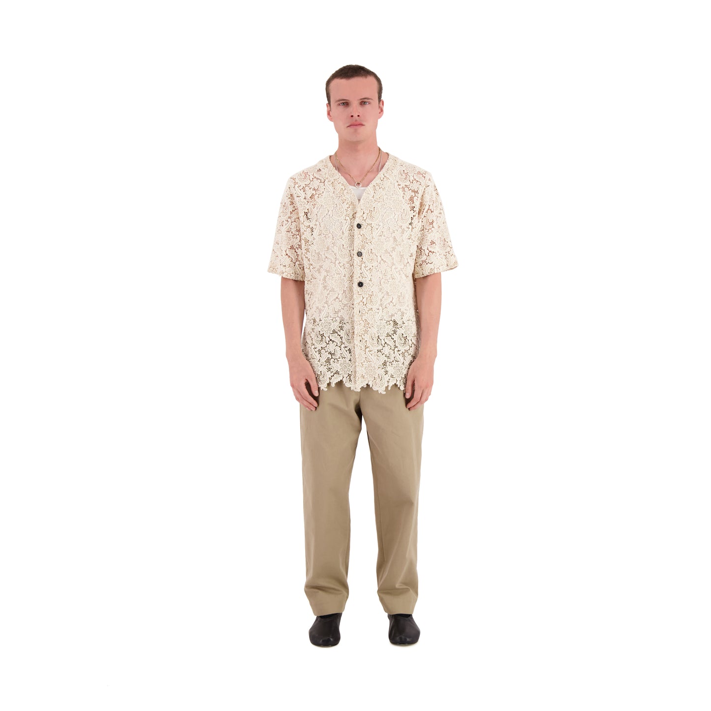 Mike Short Sleeve Organic Cotton Lace Baseball Shirt Natural White