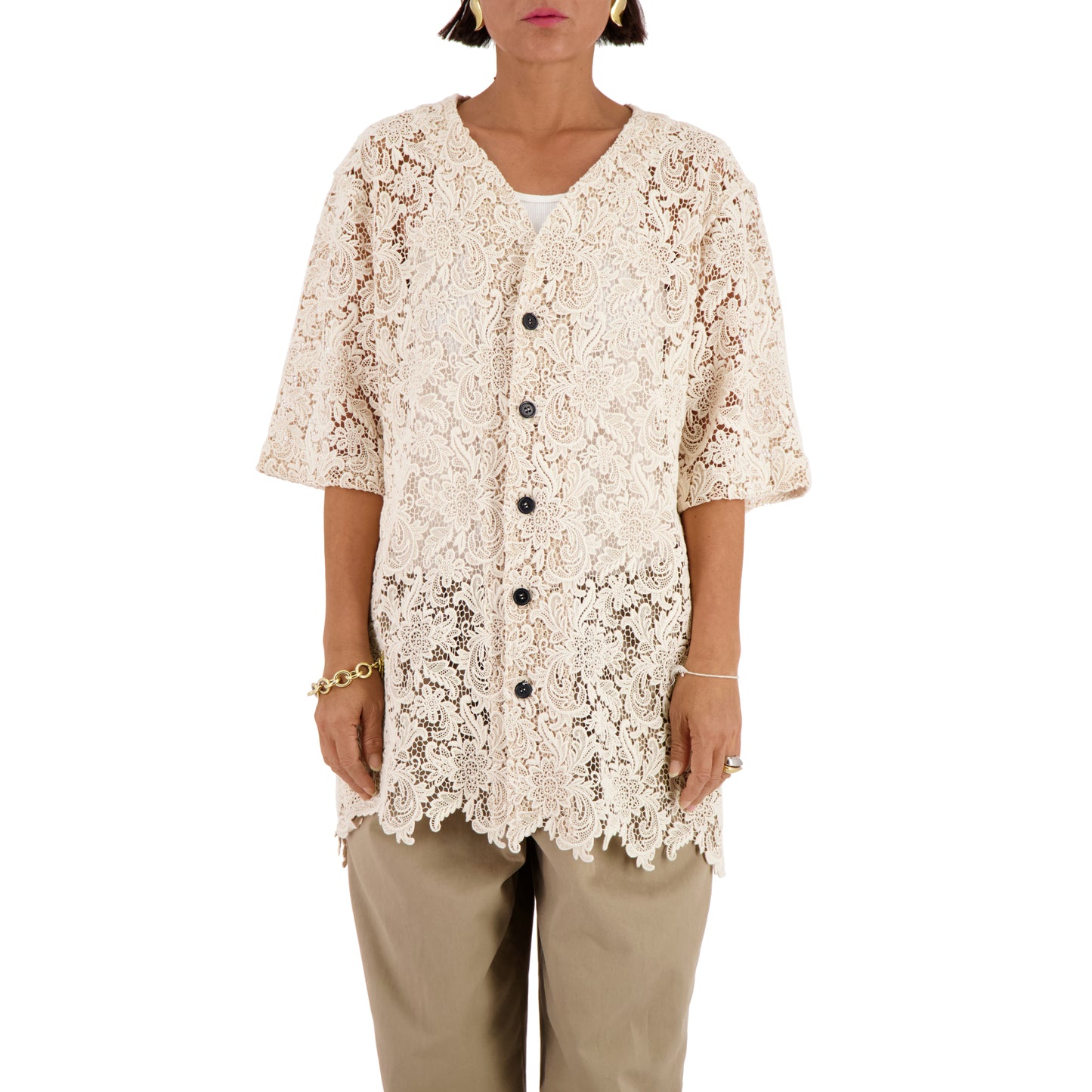 Mike Short Sleeve Organic Cotton Lace Baseball Shirt Natural White