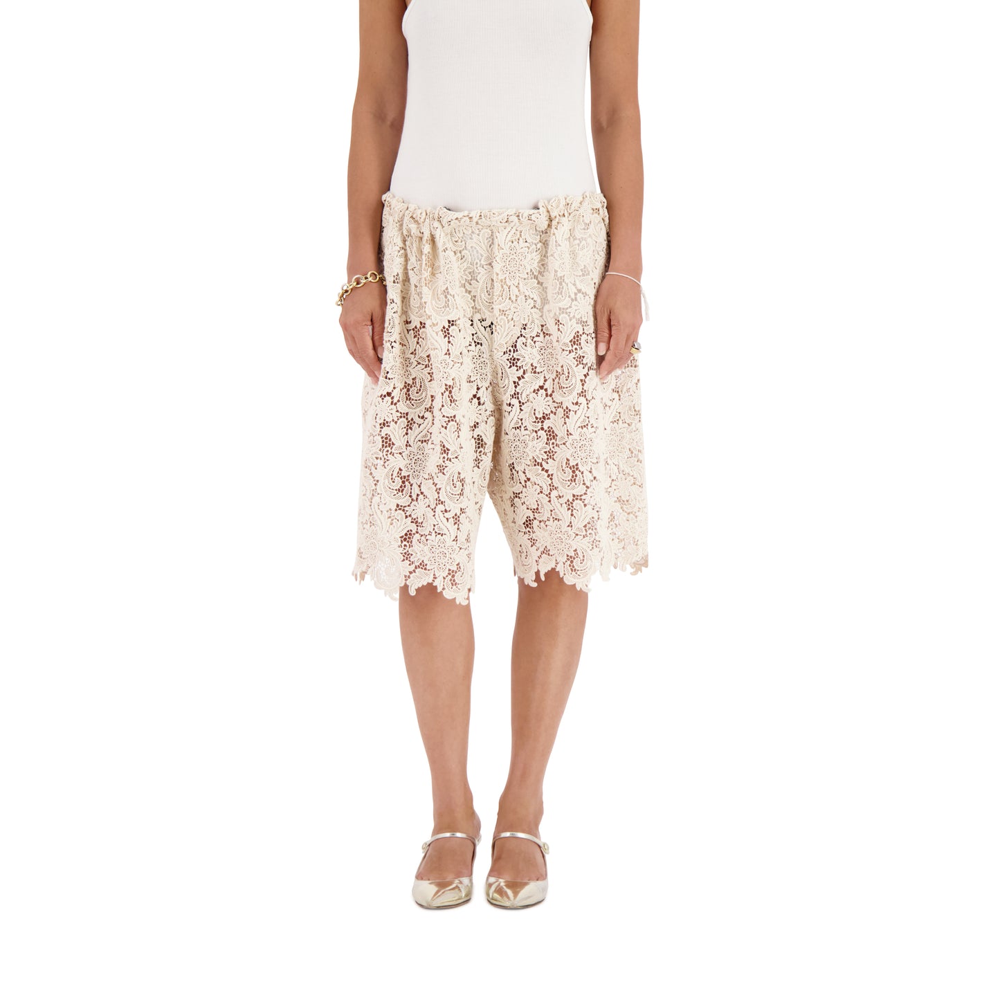 Neil Exaggerated French Cotton Lace Drawstring Shorts Natural White