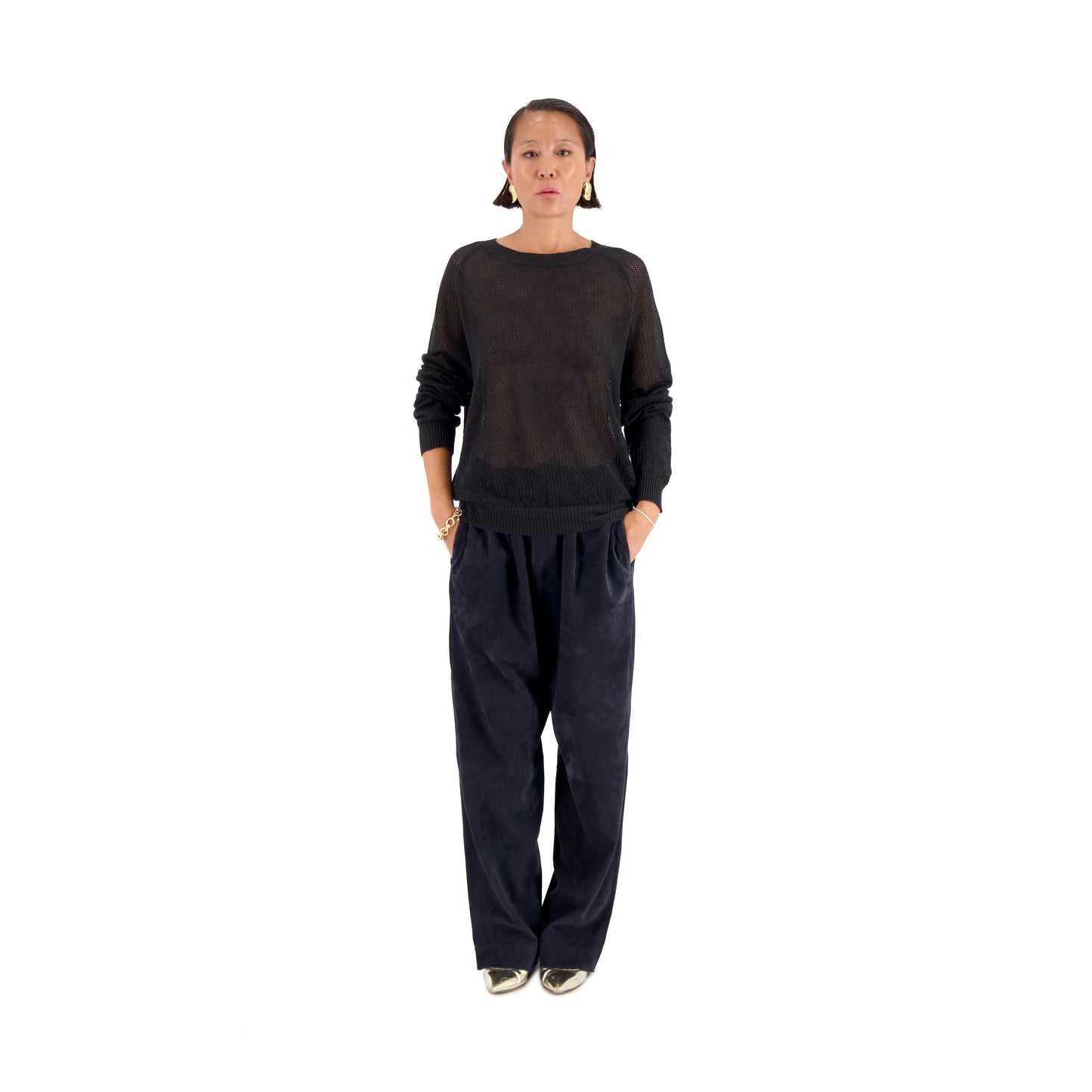 Jack Crew Neck Linen Wool Mesch Sweater Black