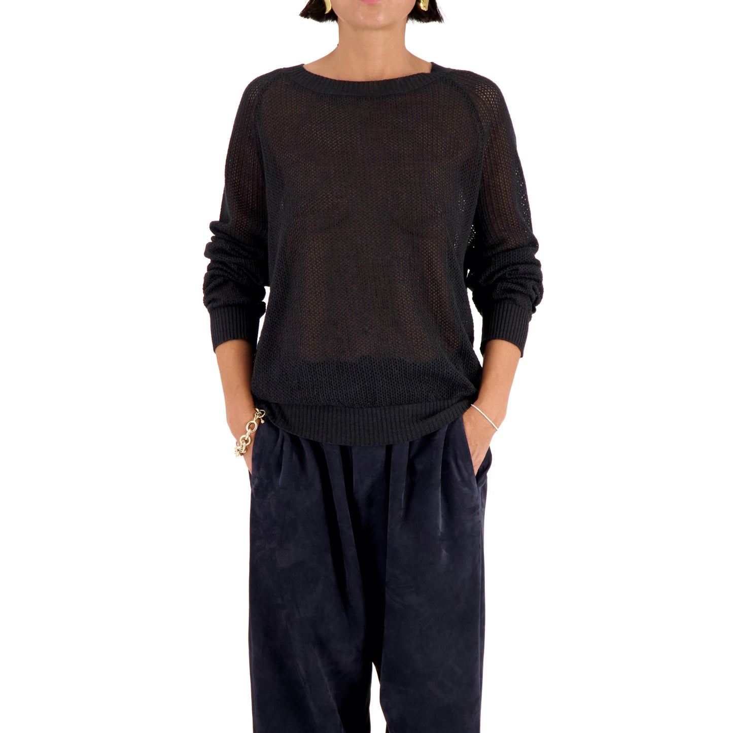 Jack Crew Neck Linen Wool Mesch Sweater Black