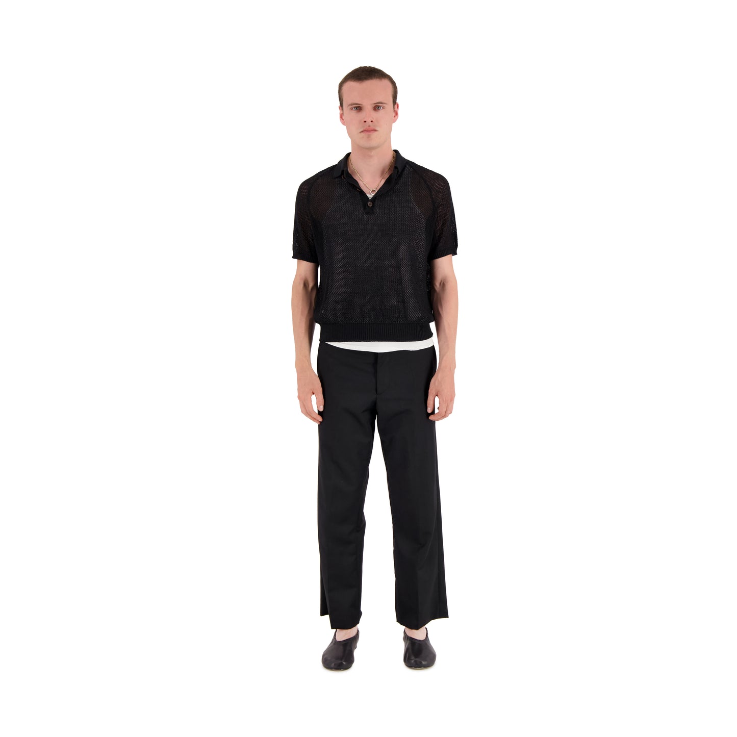 Anselm Linen Wool Mesch Saddle Shoulder Polo Black