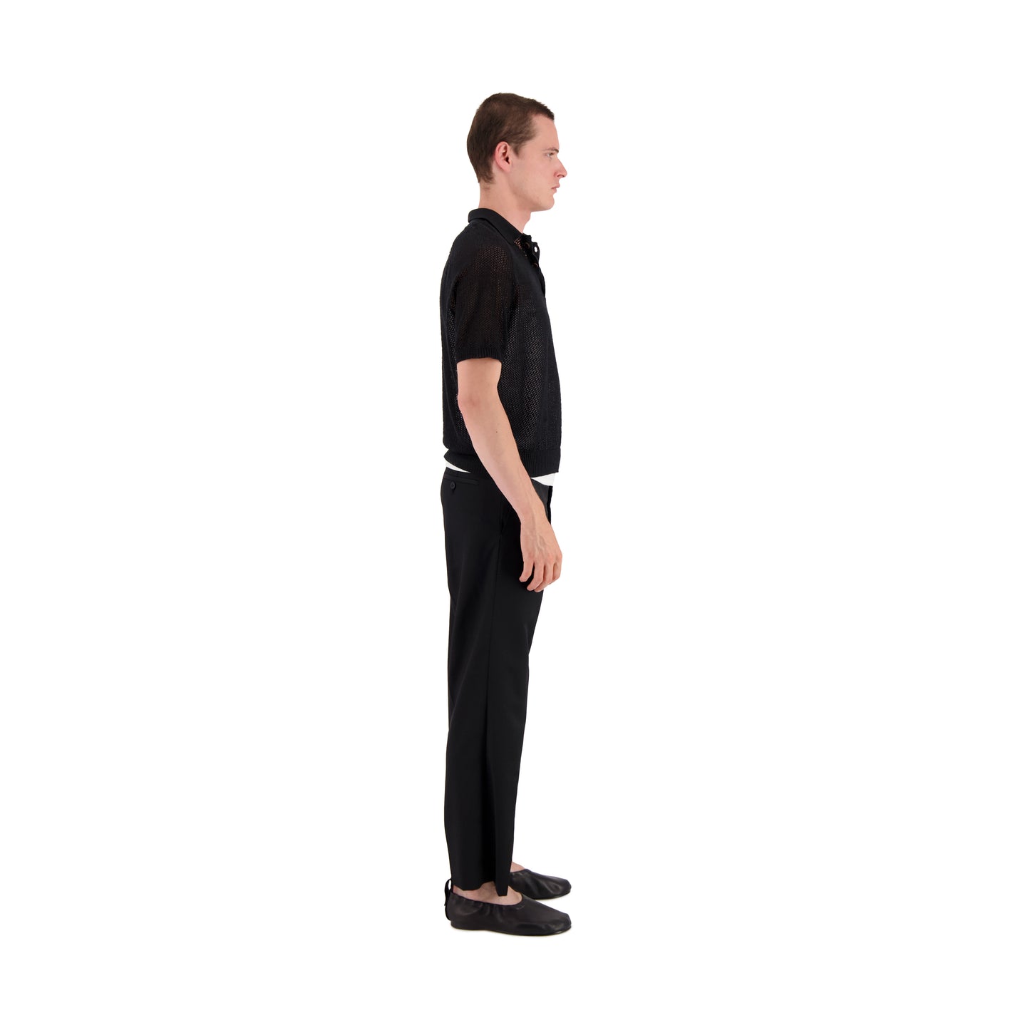Anselm Linen Wool Mesch Saddle Shoulder Polo Black