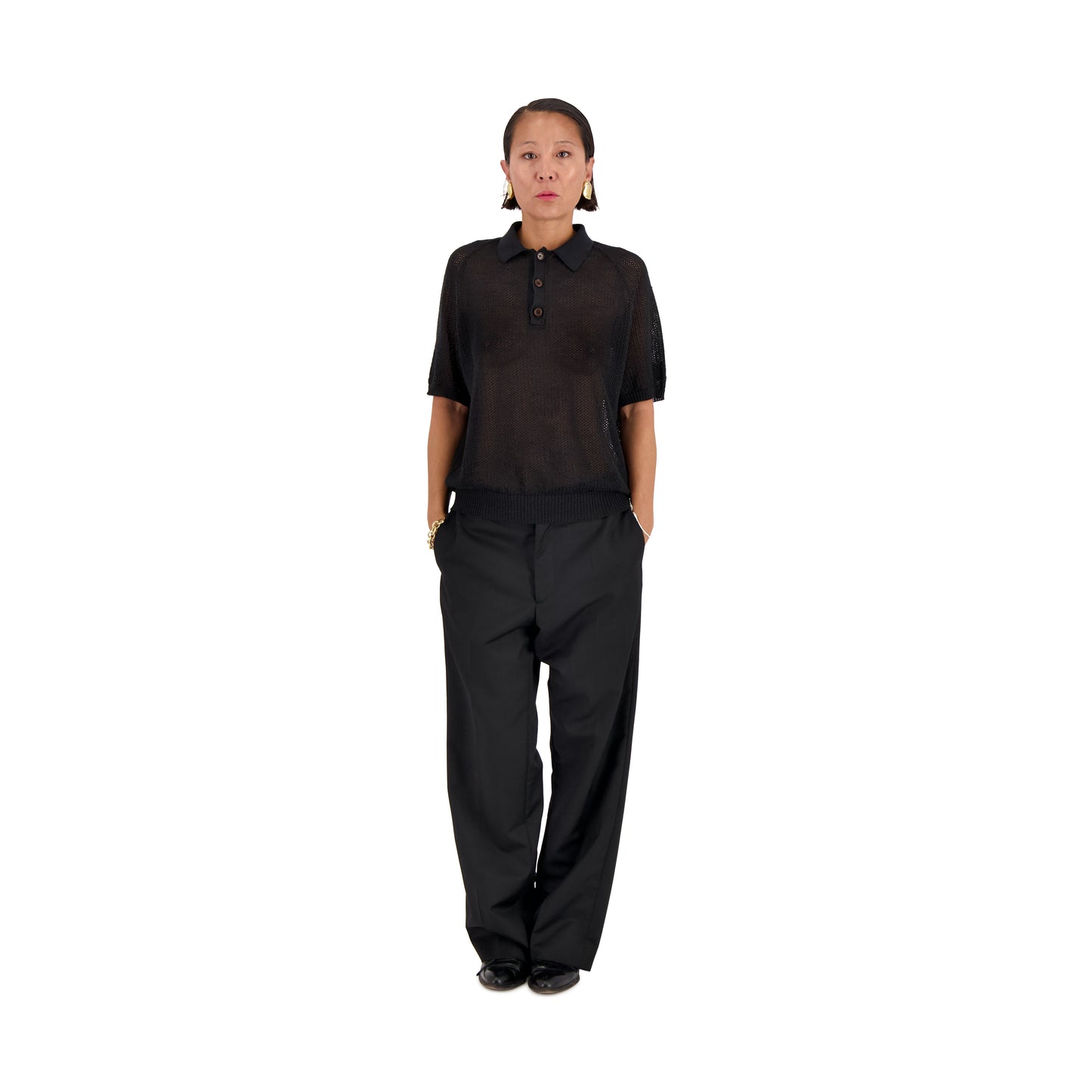 Anselm Linen Wool Mesch Saddle Shoulder Polo Black
