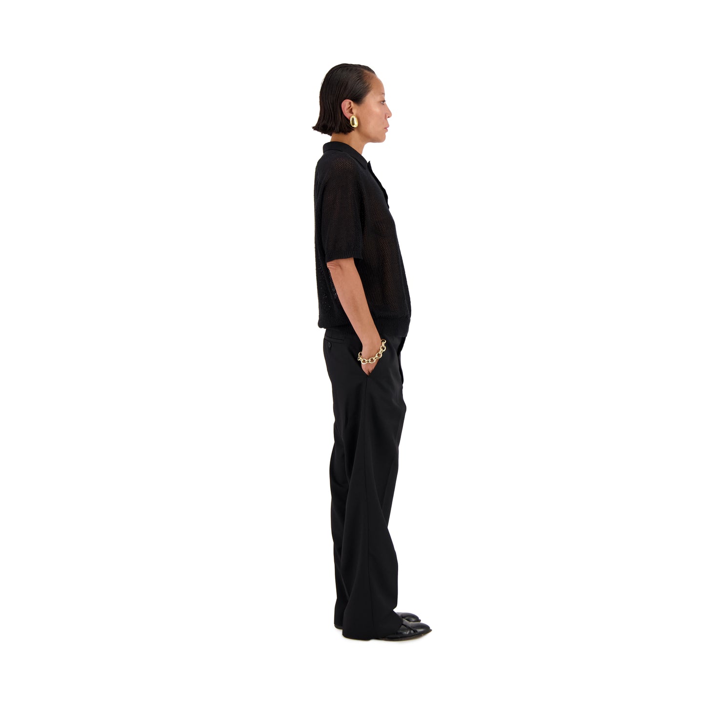 Anselm Linen Wool Mesch Saddle Shoulder Polo Black