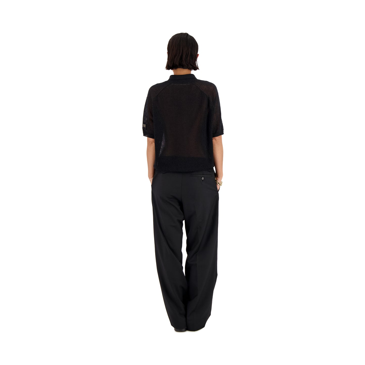 Anselm Linen Wool Mesch Saddle Shoulder Polo Black