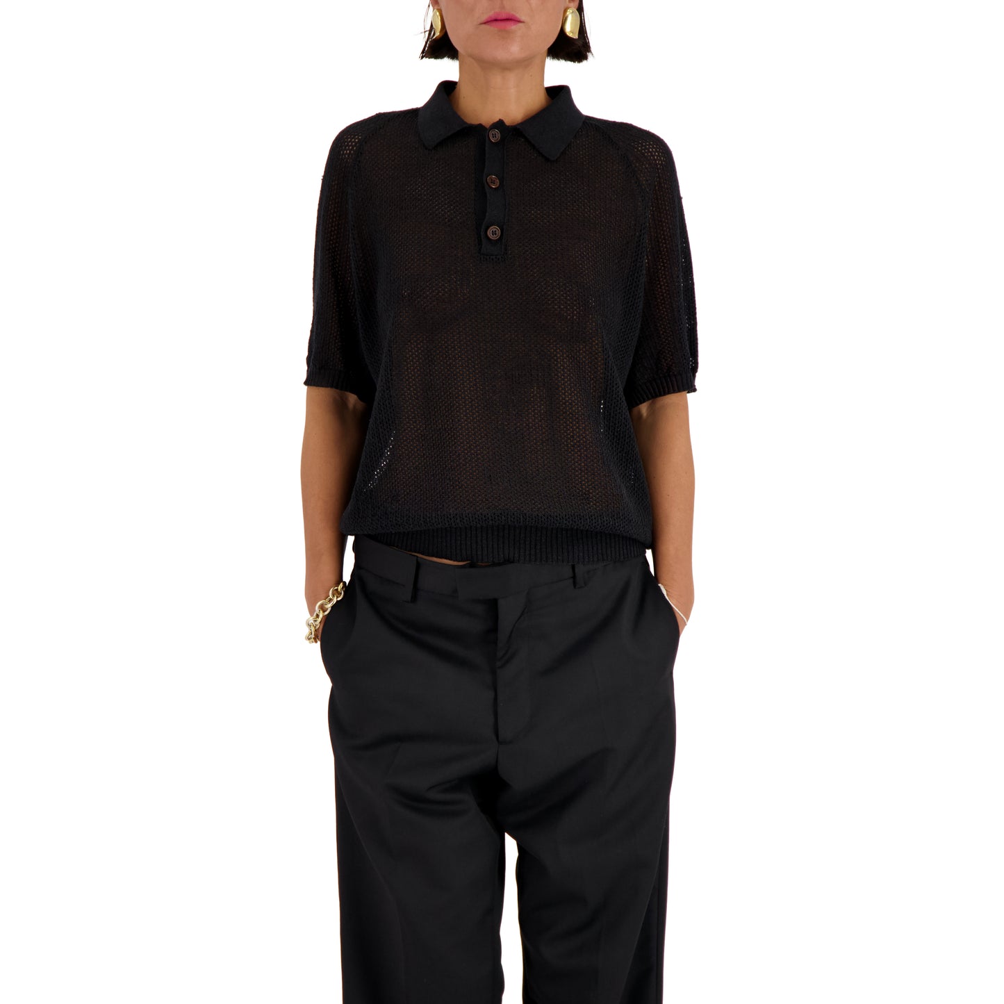 Anselm Linen Wool Mesch Saddle Shoulder Polo Black