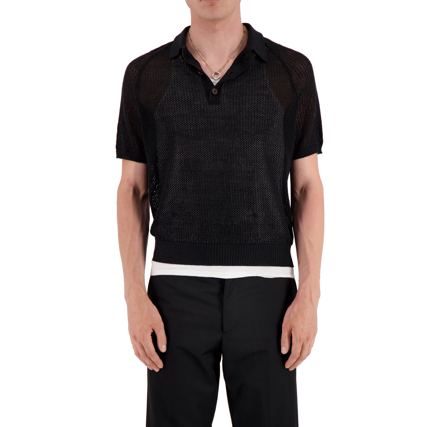 Anselm Linen Wool Mesch Saddle Shoulder Polo Black