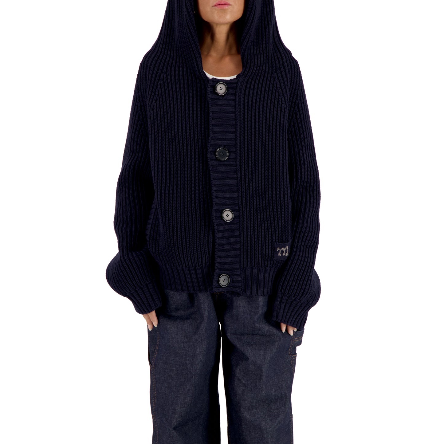 Michel Exaggerated Rib Organic Cotton Hooded Cardigan Midnight Blue