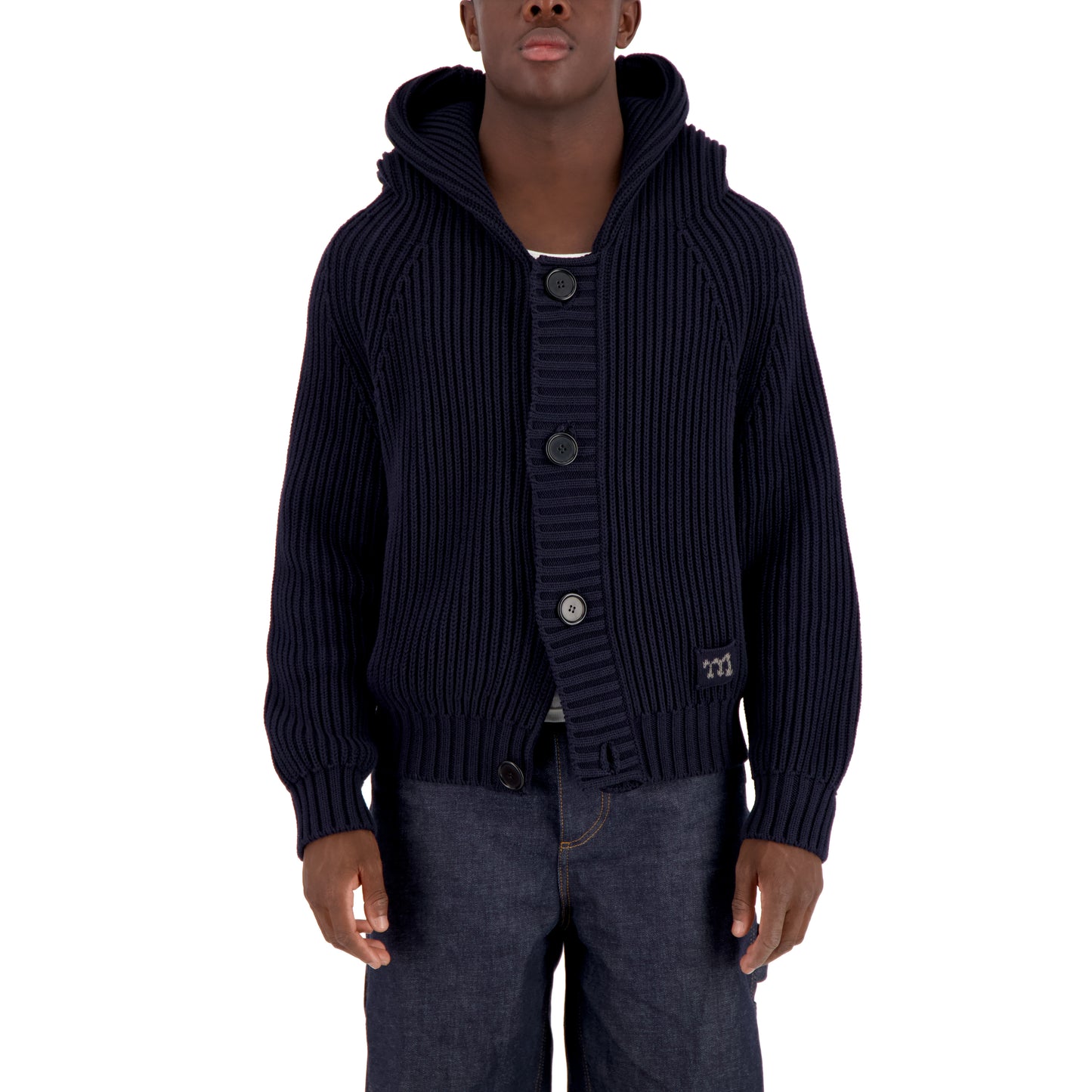 Michel Exaggerated Rib Organic Cotton Hooded Cardigan Midnight Blue