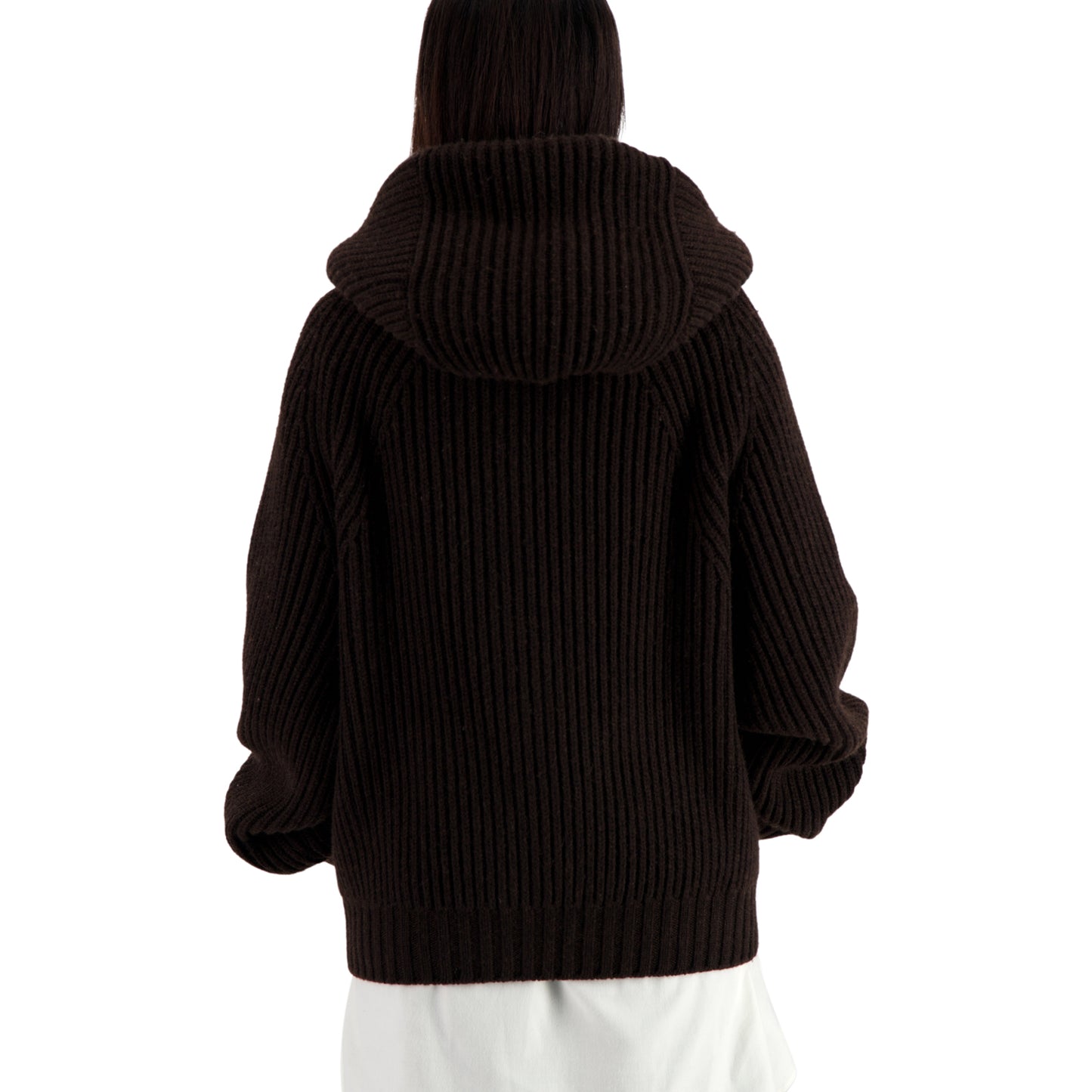 Michel Exaggerated Rib Cashmere Hooded Cardigan Dark Chocolate Brown