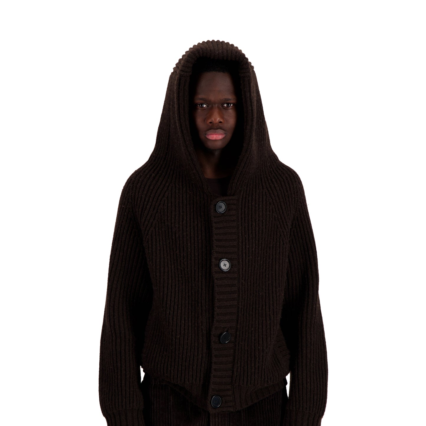 Michel Exaggerated Rib Cashmere Hooded Cardigan Dark Chocolate Brown