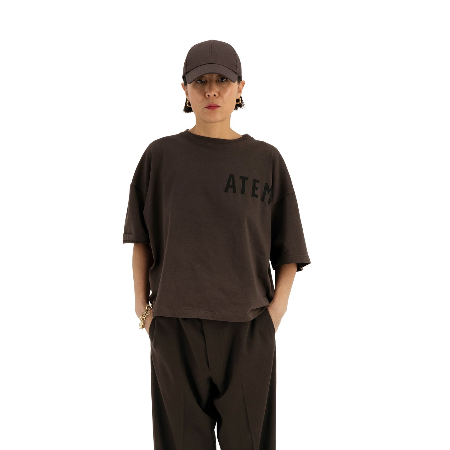 Nat Atem Print Jersey Cotton Surfer T Shirt Dark Chocolate Brown & Black Print Atem