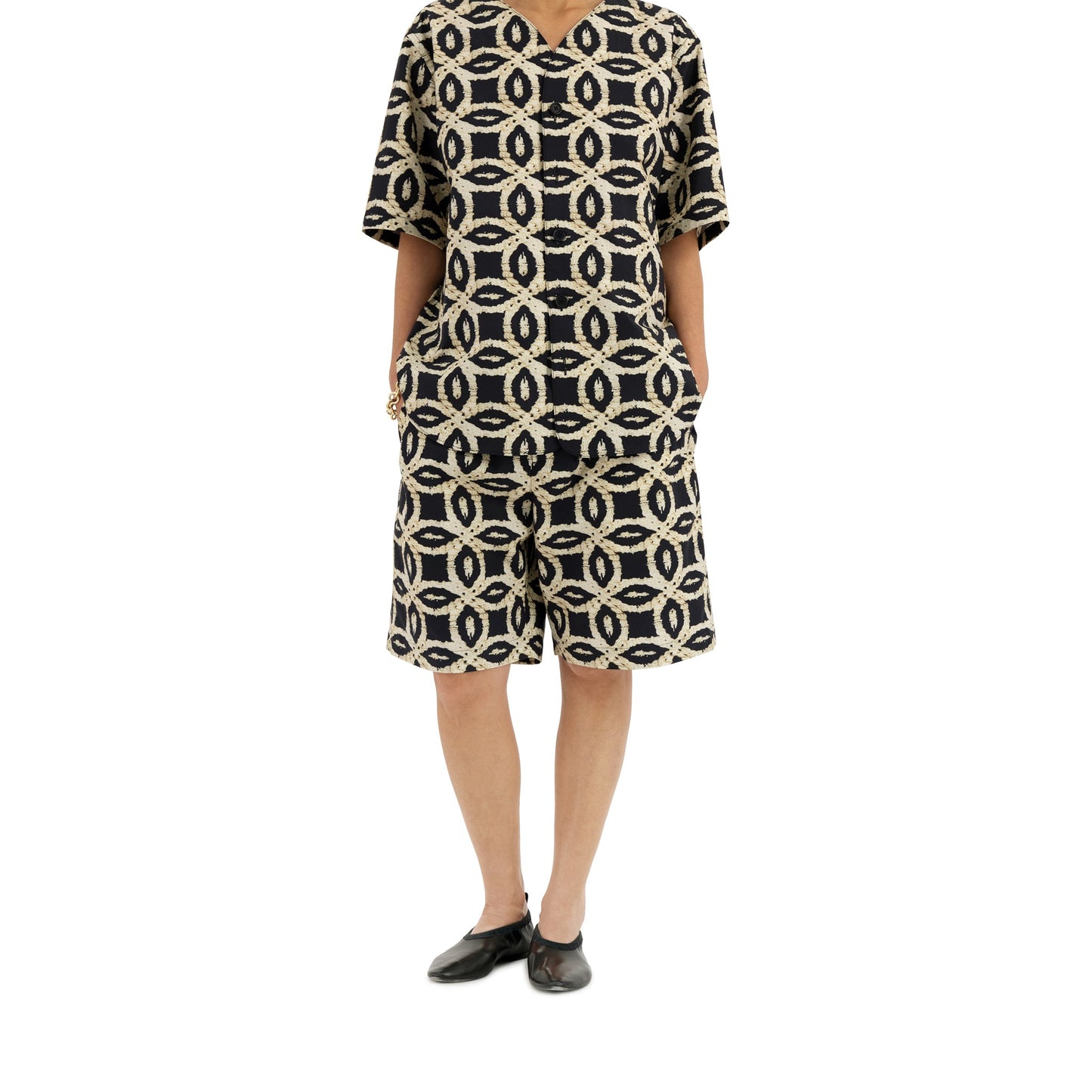 Ed Unlined Meta Crochet Print Drawstring Shorts Black&White Woman