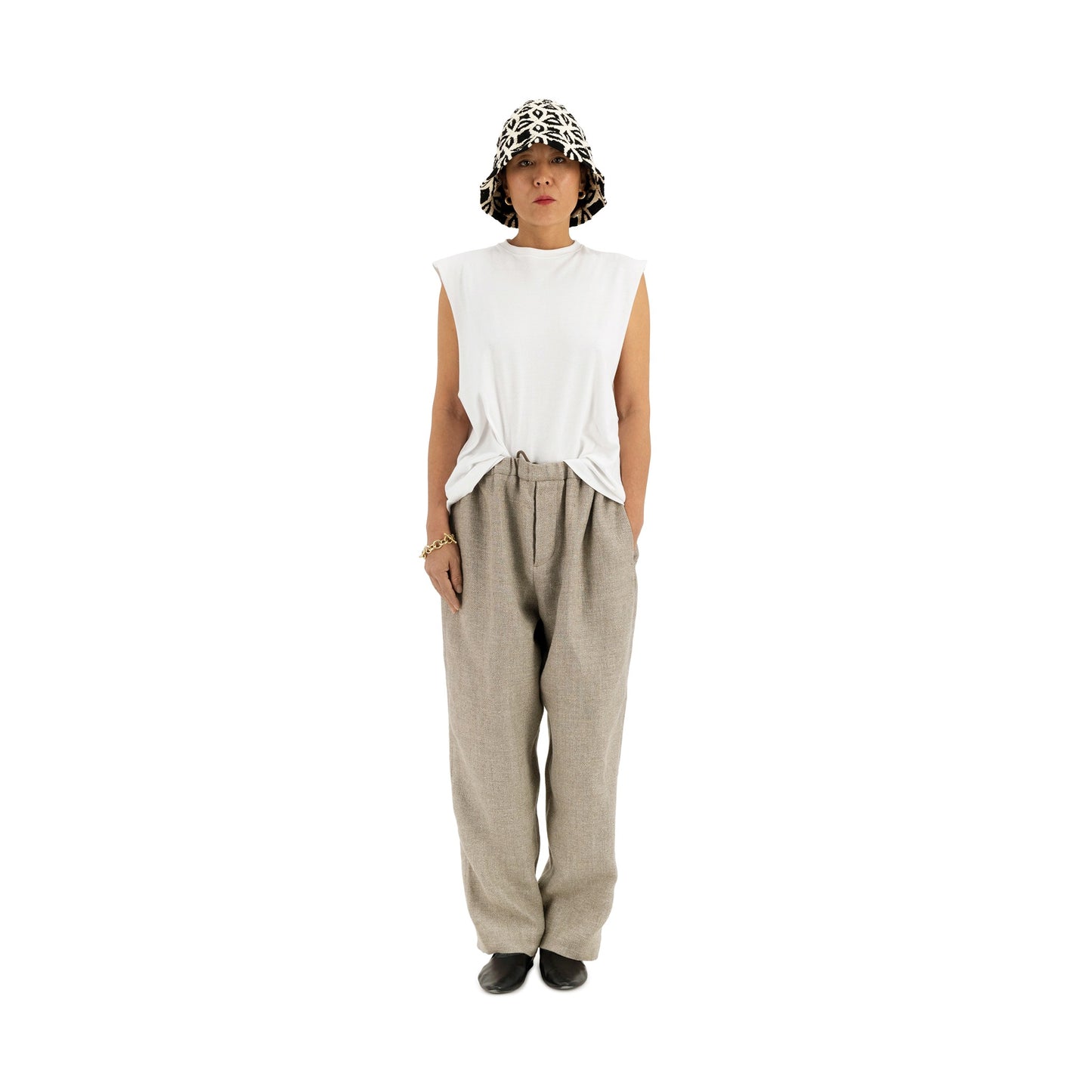 Ed Unlined Hemp Wool Drawstring Trousers Beige Grey Women