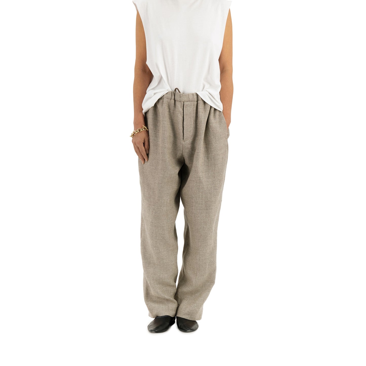 Ed Unlined Hemp Wool Drawstring Trousers Beige Grey Women