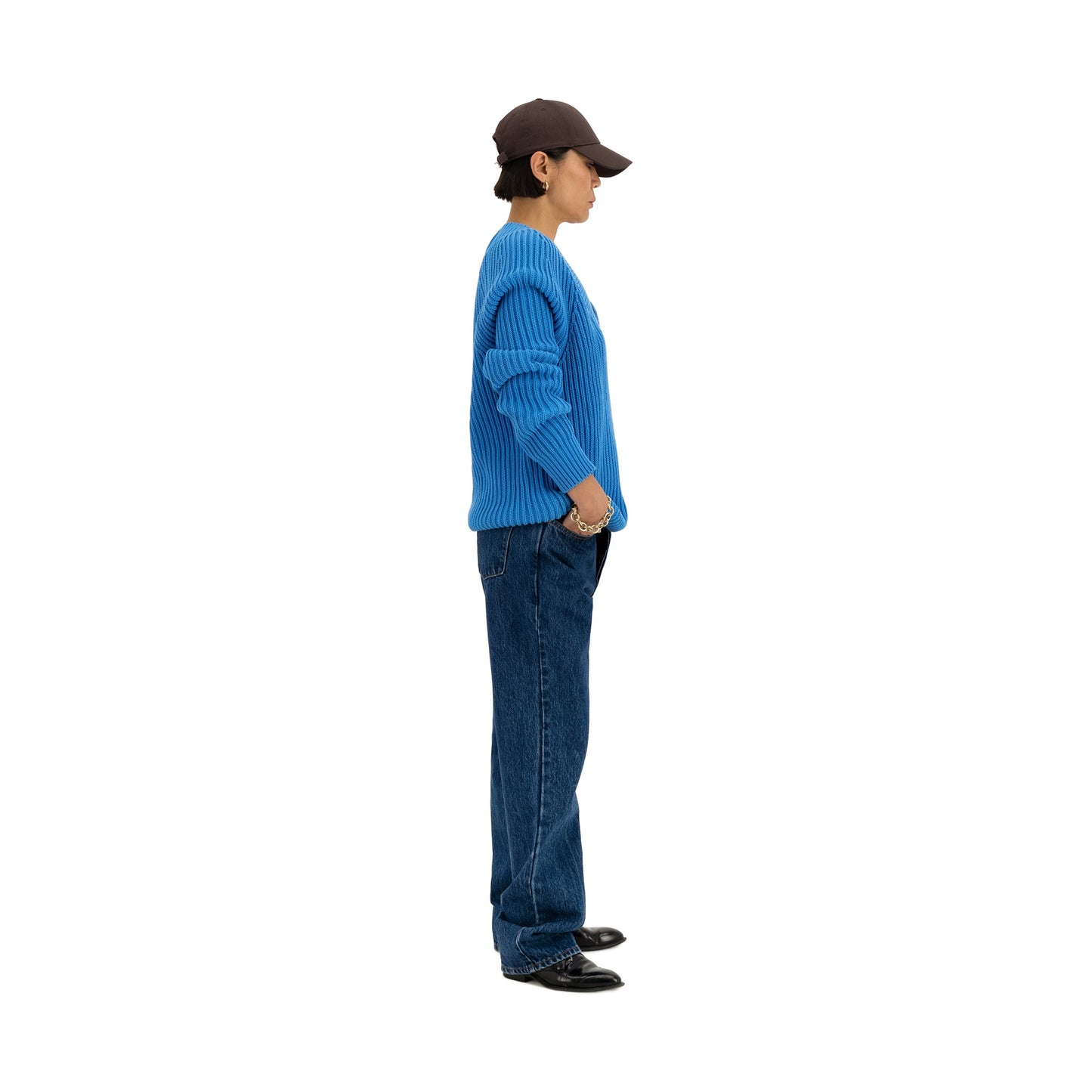 Michel Exaggerated Rib Cotton V Neck Meta Blue