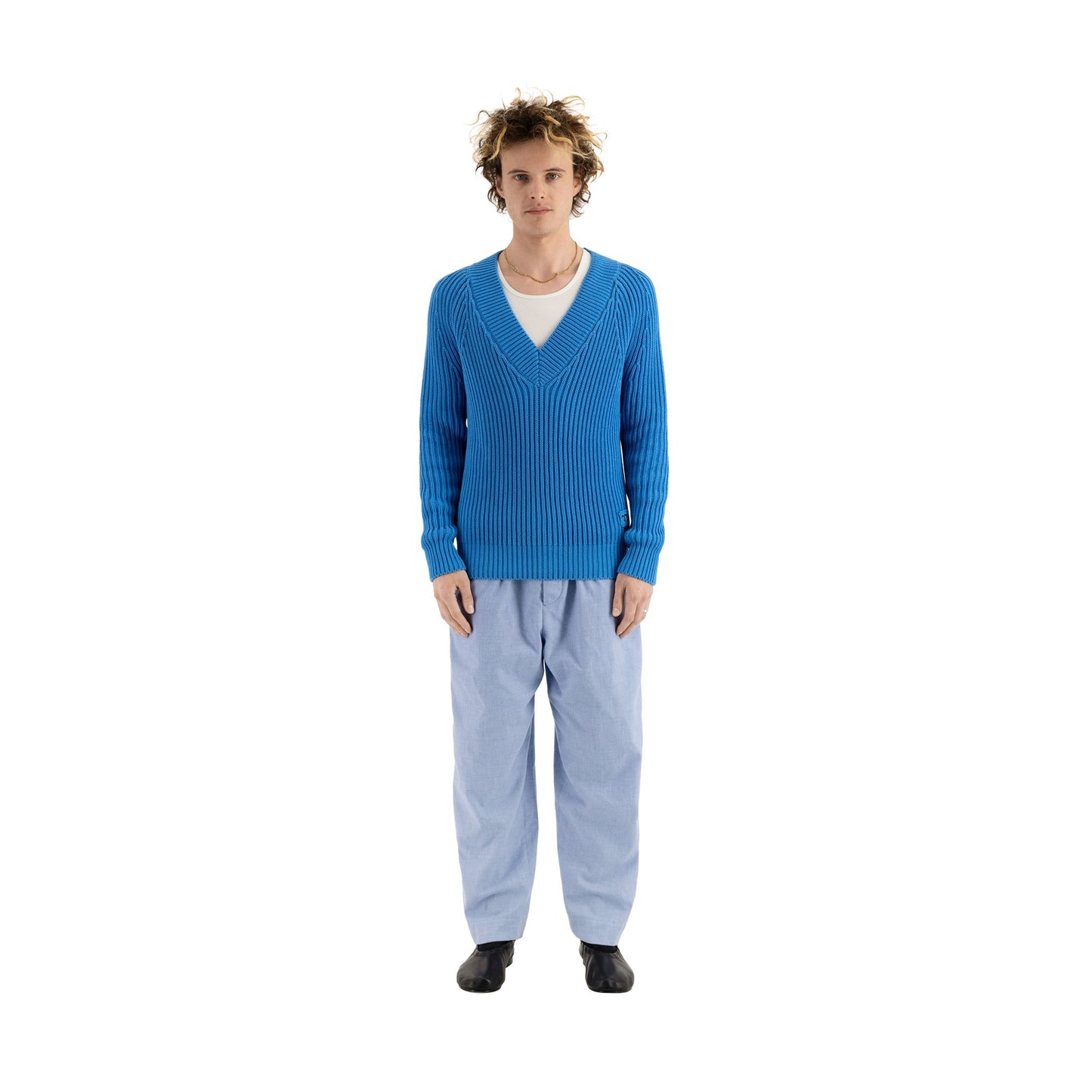 Michel Exaggerated Rib Cotton V Neck Meta Blue