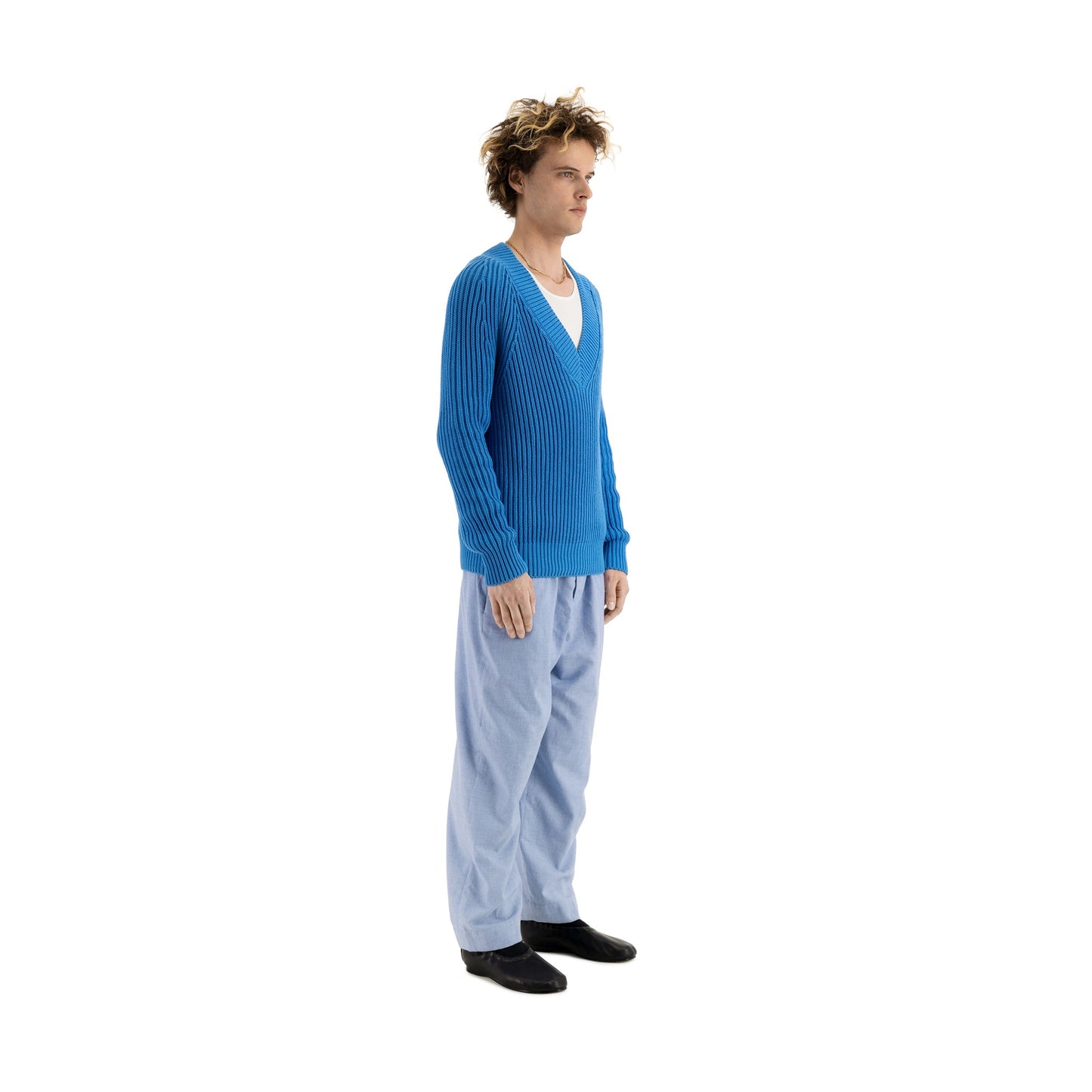 Michel Exaggerated Rib Cotton V Neck Meta Blue