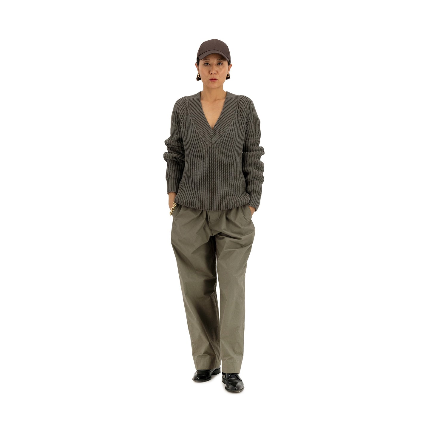 Michel Exaggerated Rib Cotton V Neck Weimaraner Grey