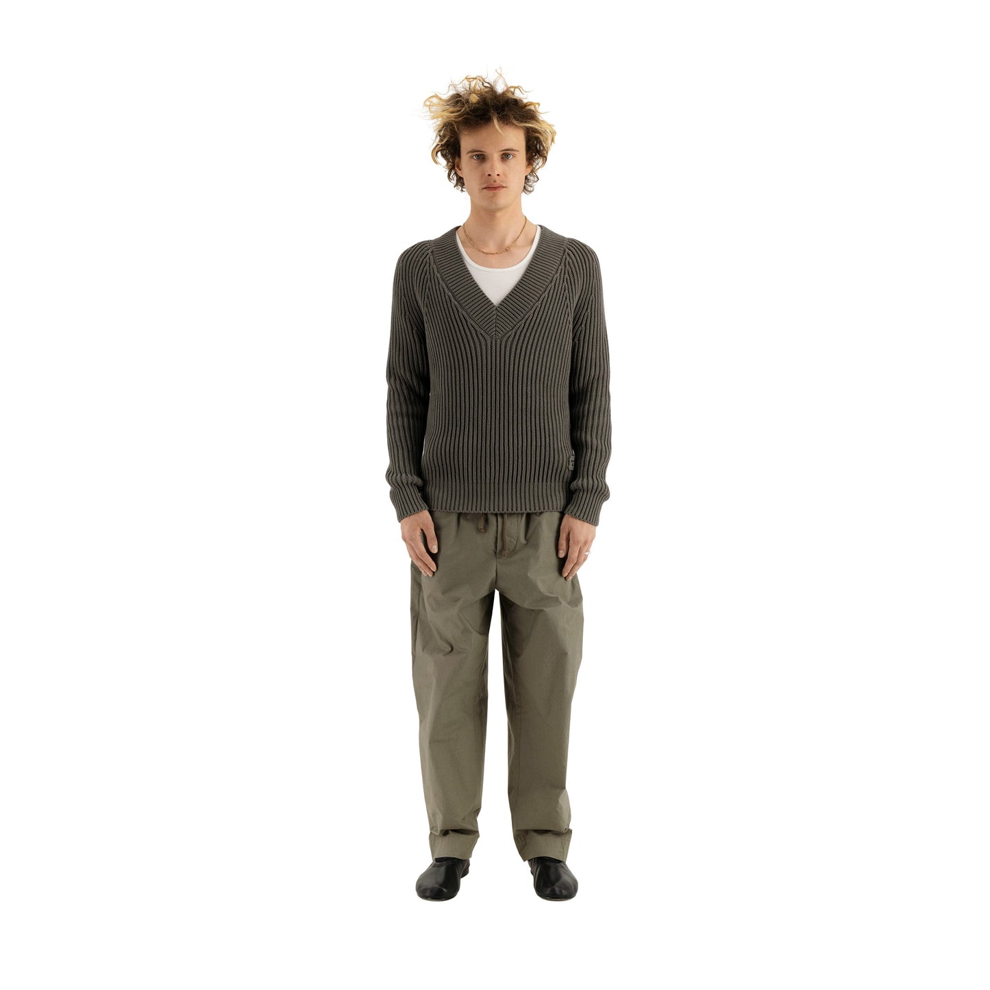 Michel Exaggerated Rib Cotton V Neck Weimaraner Grey