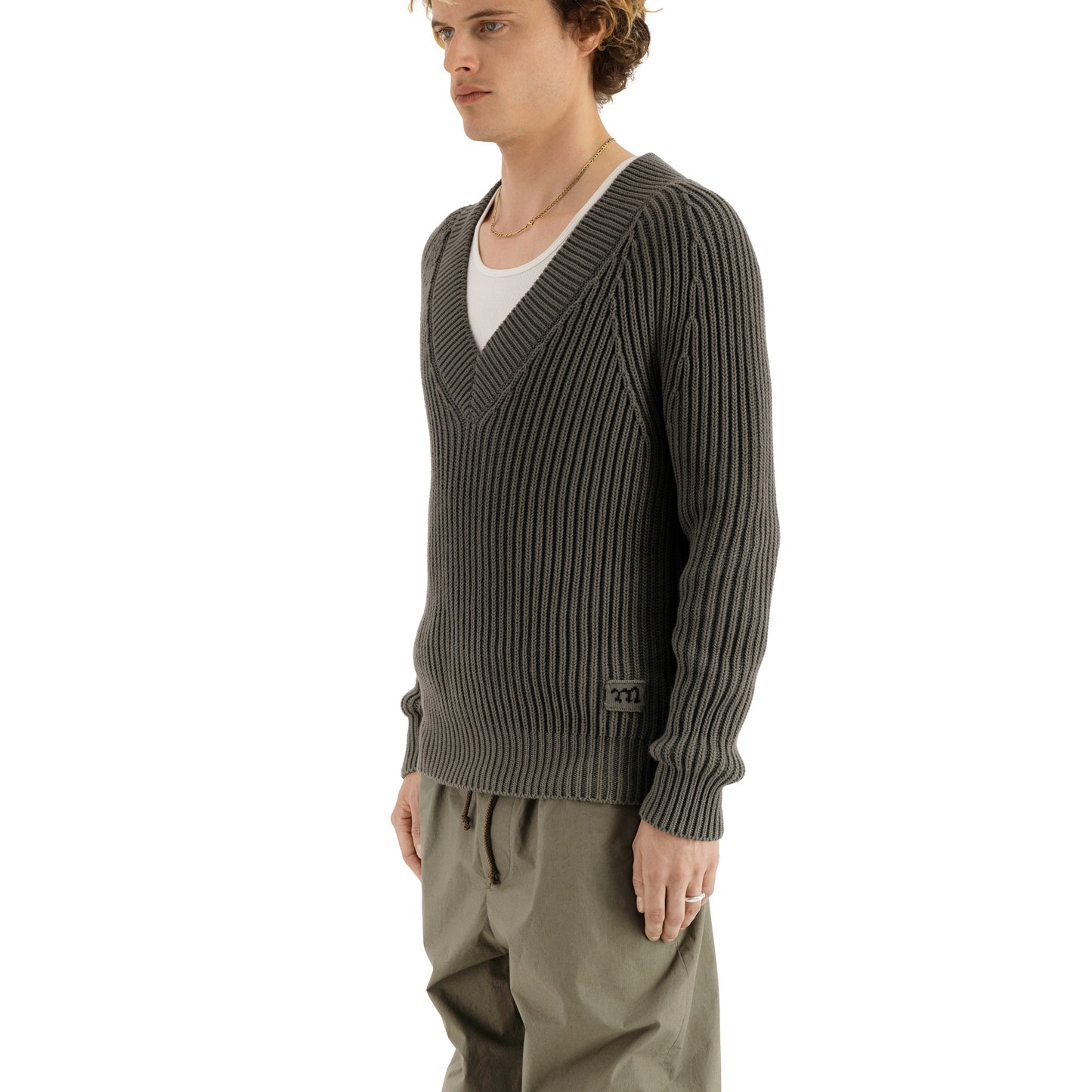 Michel Exaggerated Rib Cotton V Neck Weimaraner Grey