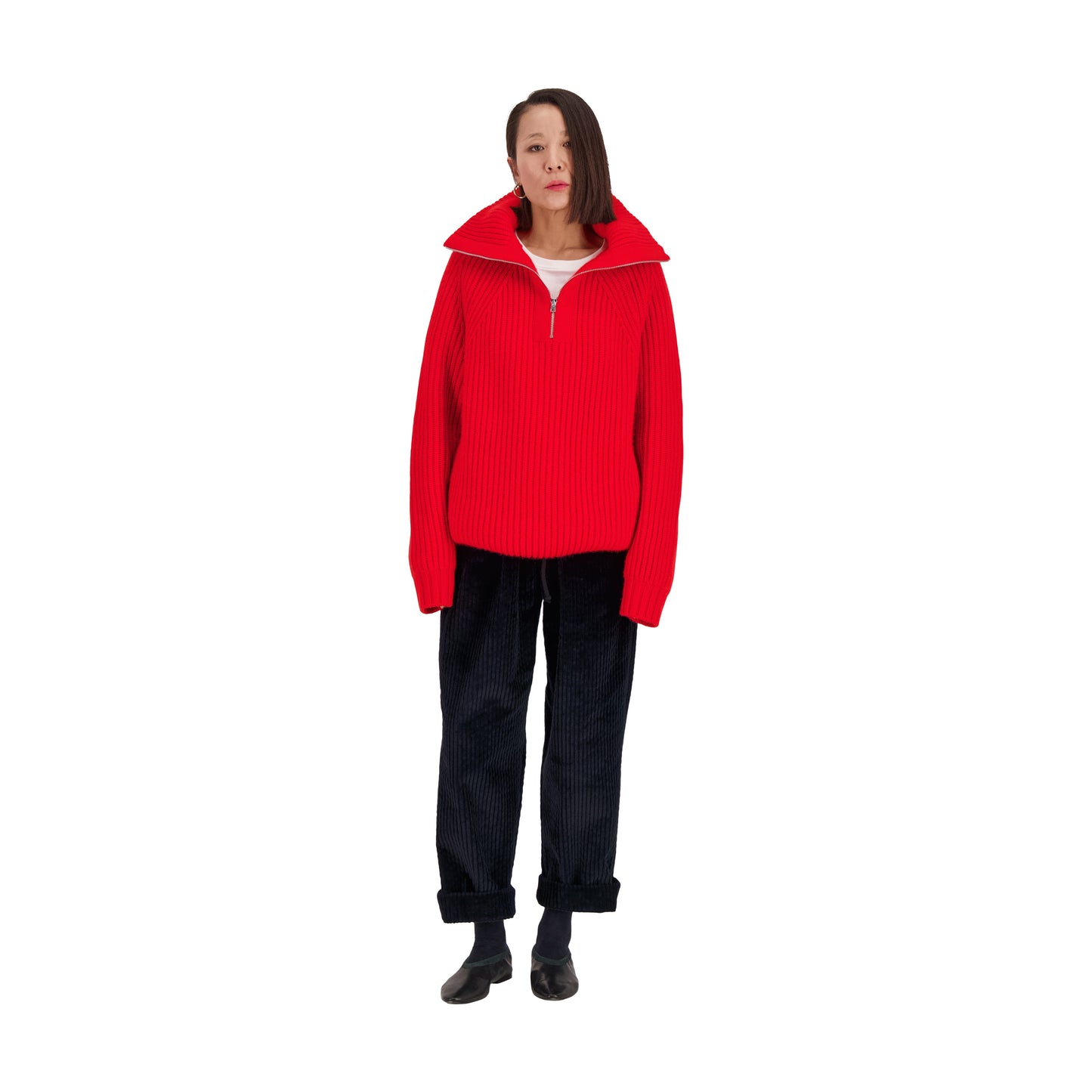 Michel Exaggerated Rib Cashmere Half Zip Poppy Red