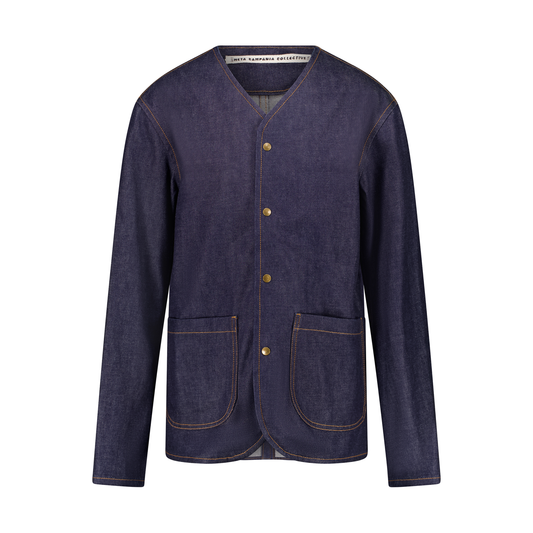 Leon Collarless Press Dot Raw Denim Shirt Jacket