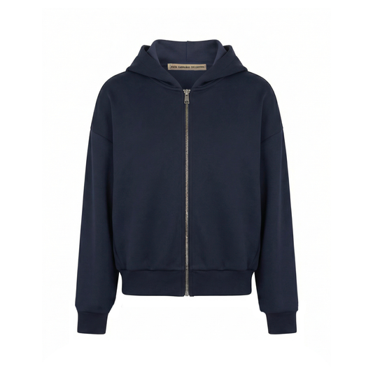 Claude Zip Up Scuba Jersey Hoodie in Midnight Blue