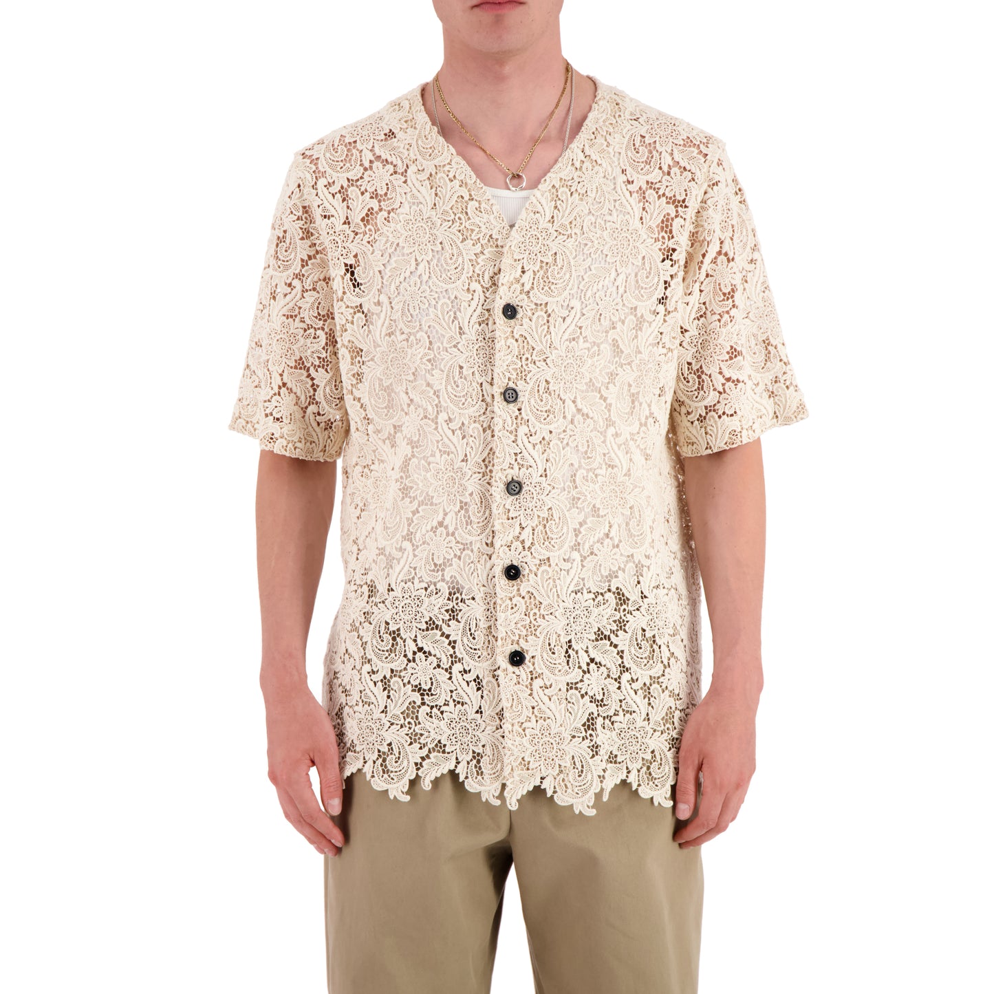 Mike Short Sleeve Organic Cotton Lace Baseball Shirt Natural White