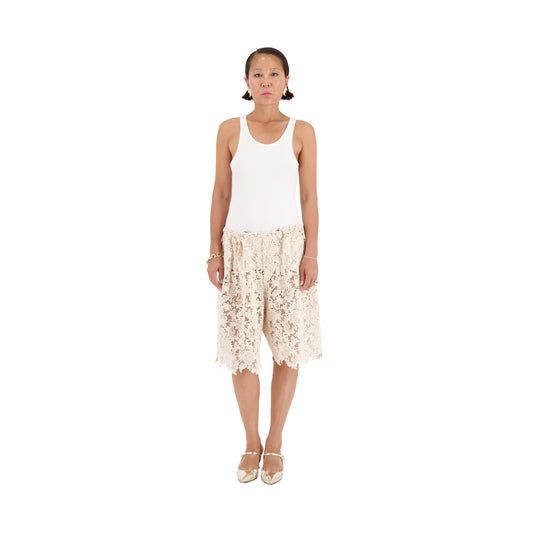 Neil Exaggerated French Cotton Lace Drawstring Shorts Natural White