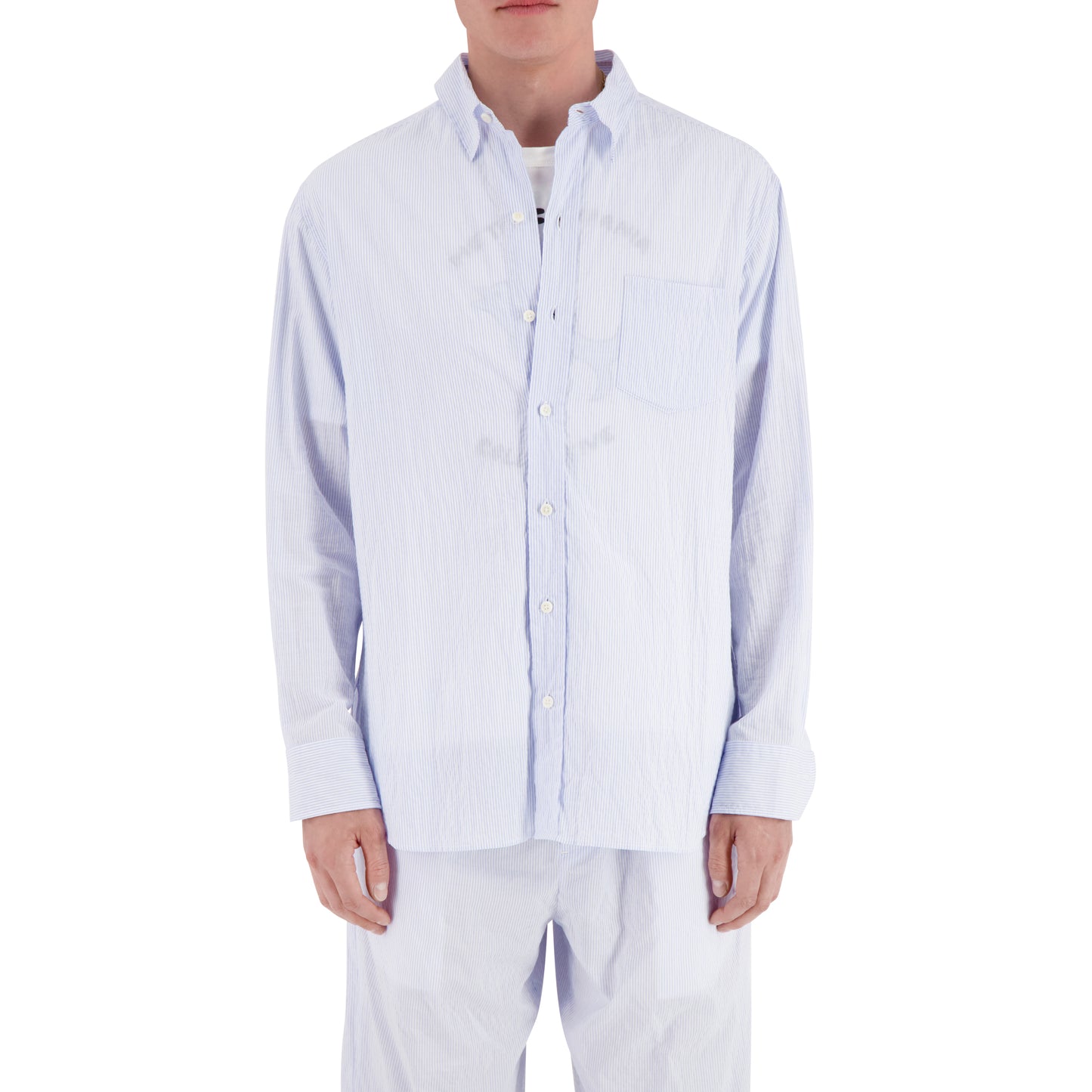 Pablo Exaggerated Unlined Lightweight Striped Cotton Shirt Light Blue Fine Stripe