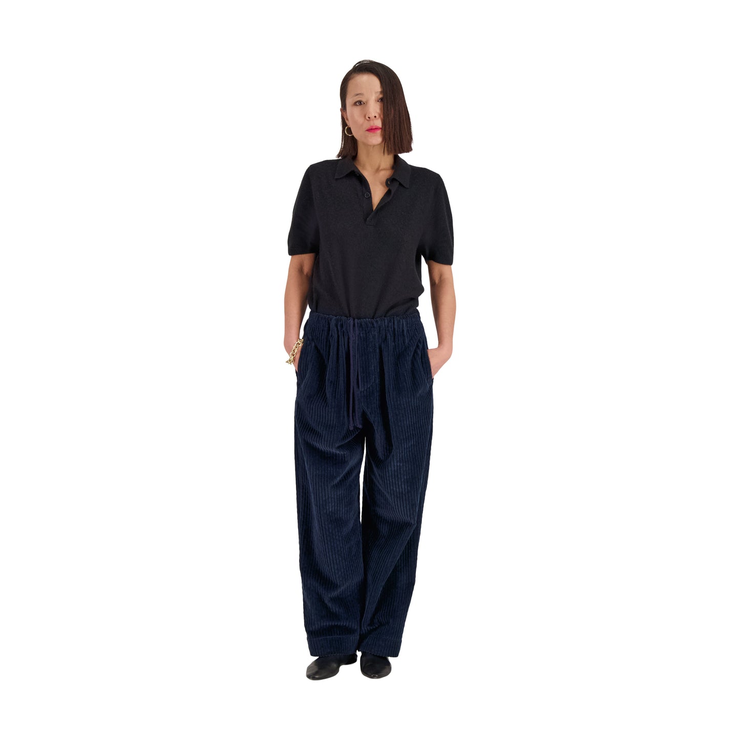 Ed Unlined Exaggerated Cotton Corduroy Drawstring Trousers Midnight Blue